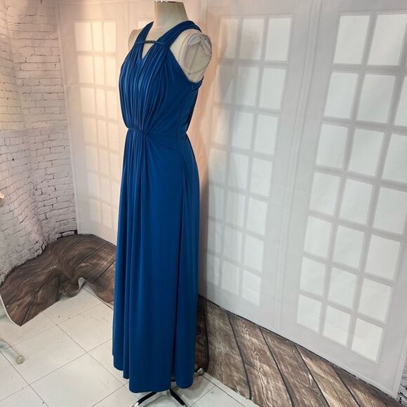 Ranna Gill blue sleeveless draped jersey gown with crystal embellishment size sm - Picture 5 of 13